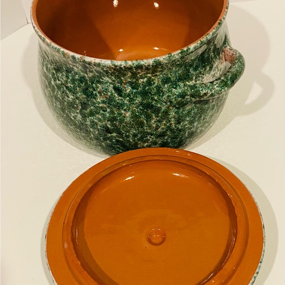 Indoor Outfitters Over And Back Teal Spongeware Bean Crock Lidded Made In Italy - Picture 2 of 9